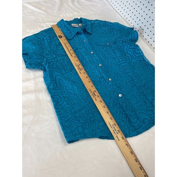 Chicos Womens Sheer Teal Abstract Button Up Blouse Size 2 Short Sleeve Pockets - Picture 5 of 8